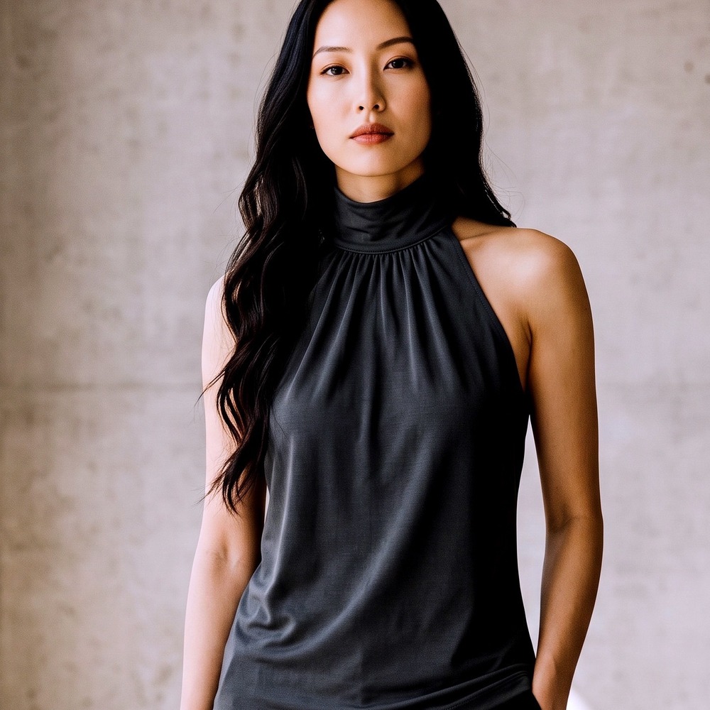 Michael Michael Kors Black Mock Neck Halter Sleeveless Top Gathered Front Small